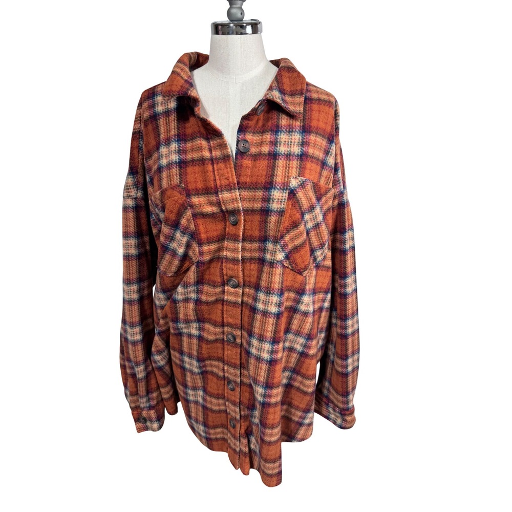 Maurices Plaid Flannel Shirt Jacket Oversized Button Down Women's 3X Orange Blue